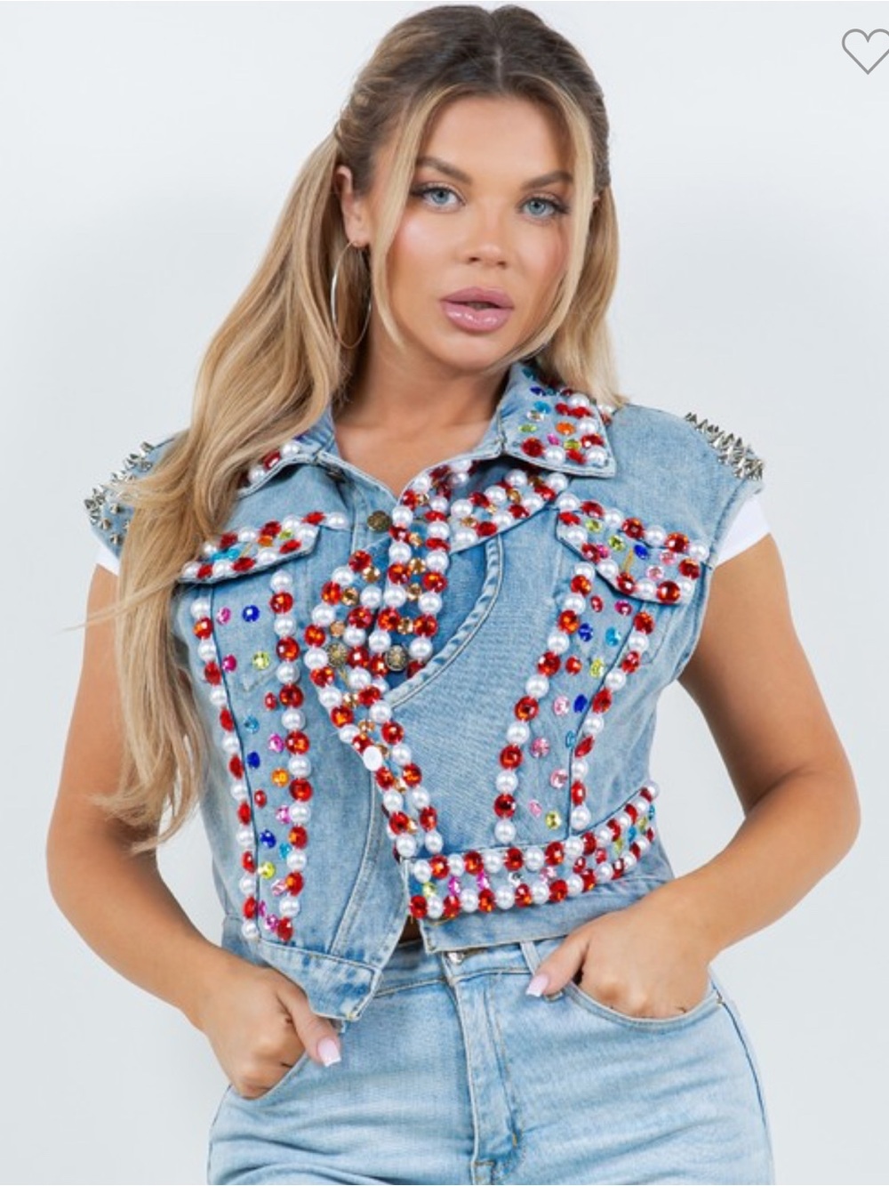 Embellished Light Wash Denim Vest - Red Accents